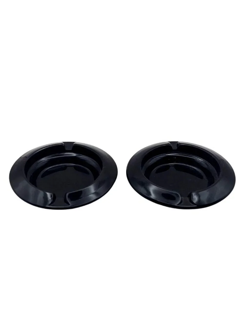 Vintage Round Black Glass Ashtrays Set Of 2 Two-Groove Cigarette Design